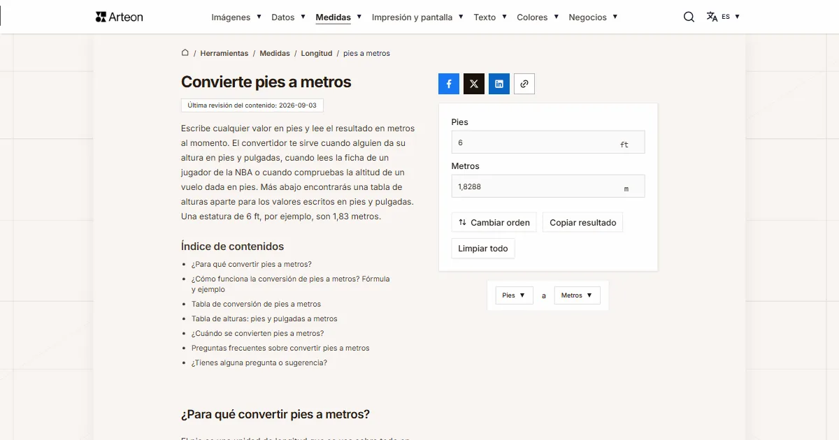 Captura de pantalla de la herramienta gratuita de Arteon: Convierte pies a metros