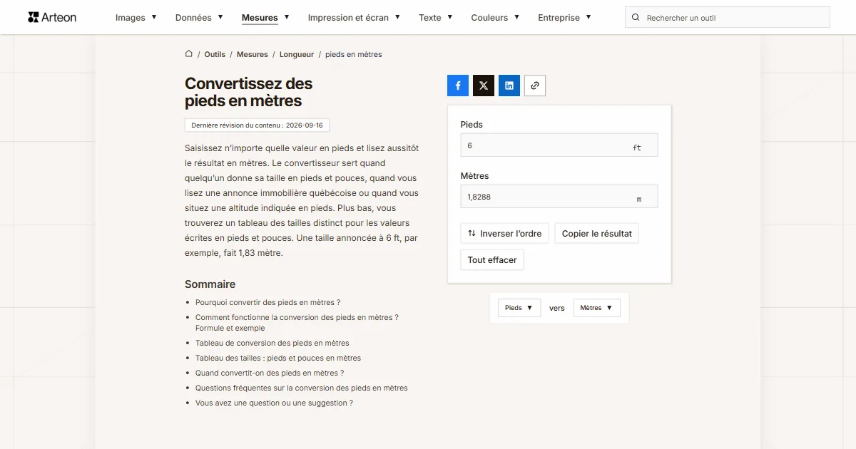 Capture d'écran de l'outil gratuit d'Arteon: Convertissez des pieds en mètres