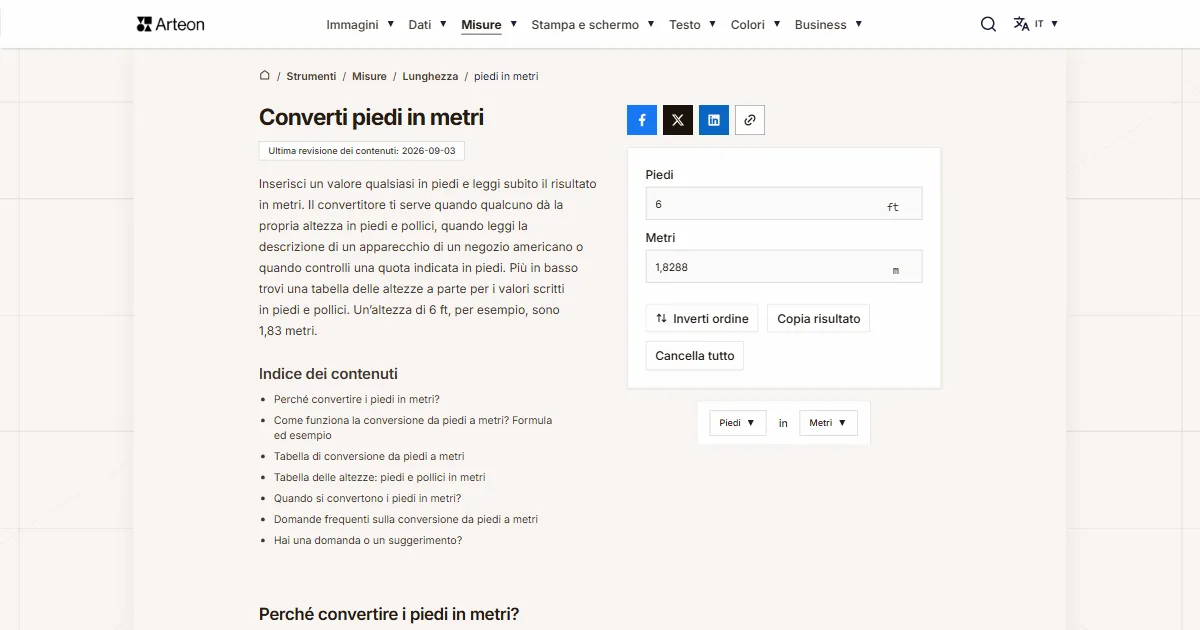 Screenshot dello strumento gratuito Arteon: Converti piedi in metri