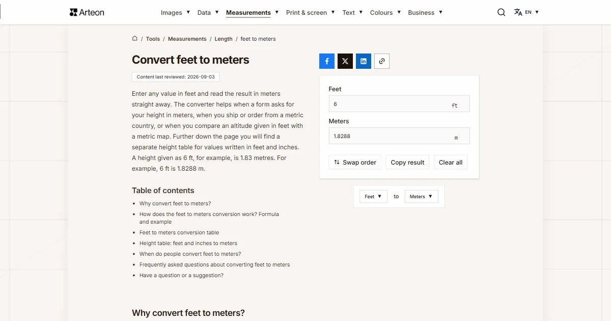 Arteon free tool screenshot: Convert feet to meters