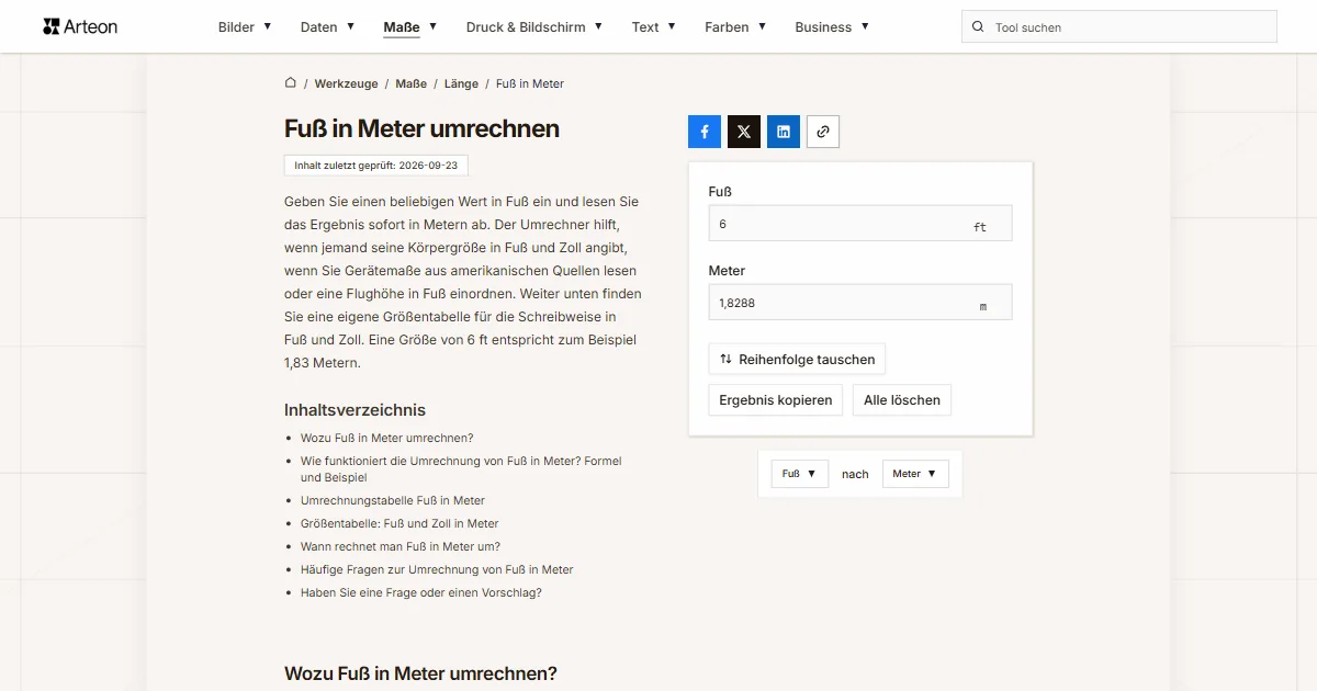 Screenshot des kostenlosen Arteon-Werkzeugs: Fuß in Meter umrechnen