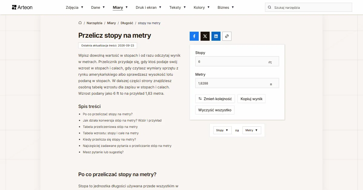 Zrzut ekranu darmowego narzędzia Arteon: Przelicz stopy na metry