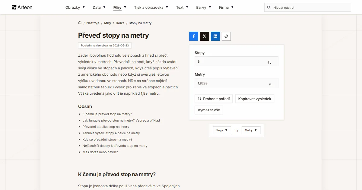Snímek obrazovky bezplatného nástroje Arteon: Převeď stopy na metry