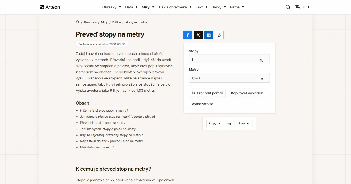 Snímek obrazovky bezplatného nástroje Arteon: Převeď stopy na metry