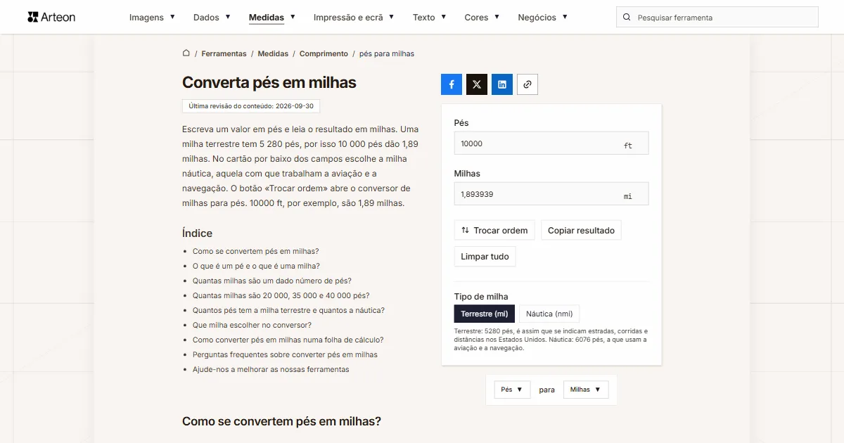 Captura de ecrã da ferramenta gratuita da Arteon: Converta pés em milhas