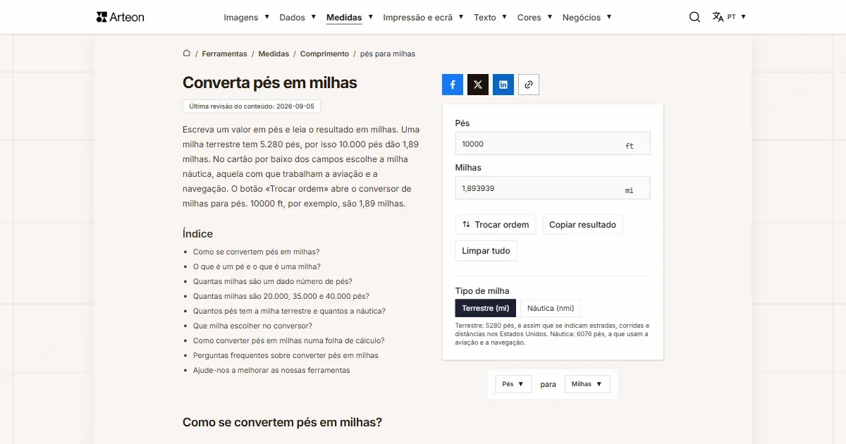 Captura de ecrã da ferramenta gratuita da Arteon: Converta pés em milhas