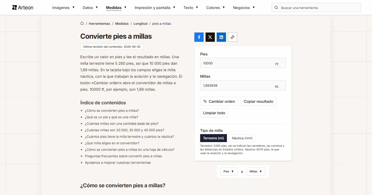 Captura de pantalla de la herramienta gratuita de Arteon: Convierte pies a millas