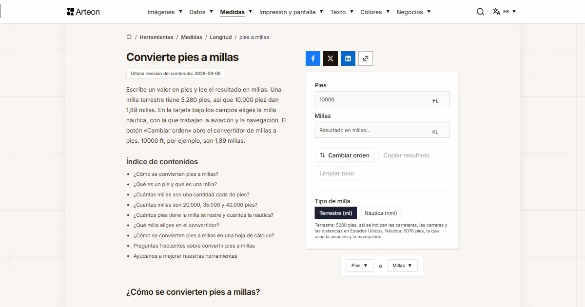 Captura de pantalla de la herramienta gratuita de Arteon: Convierte pies a millas