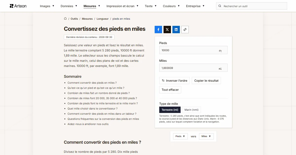 Capture d'écran de l'outil gratuit d'Arteon: Convertissez des pieds en miles