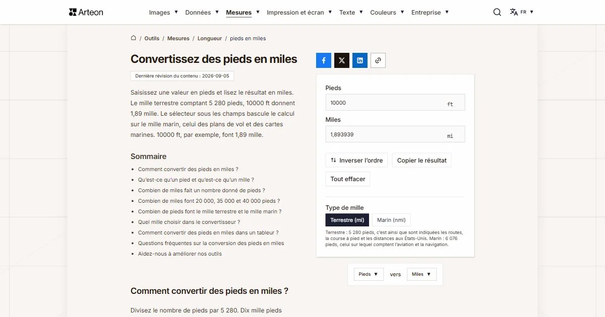 Capture d'écran de l'outil gratuit d'Arteon: Convertissez des pieds en miles