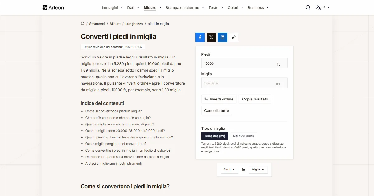 Screenshot dello strumento gratuito Arteon: Converti i piedi in miglia