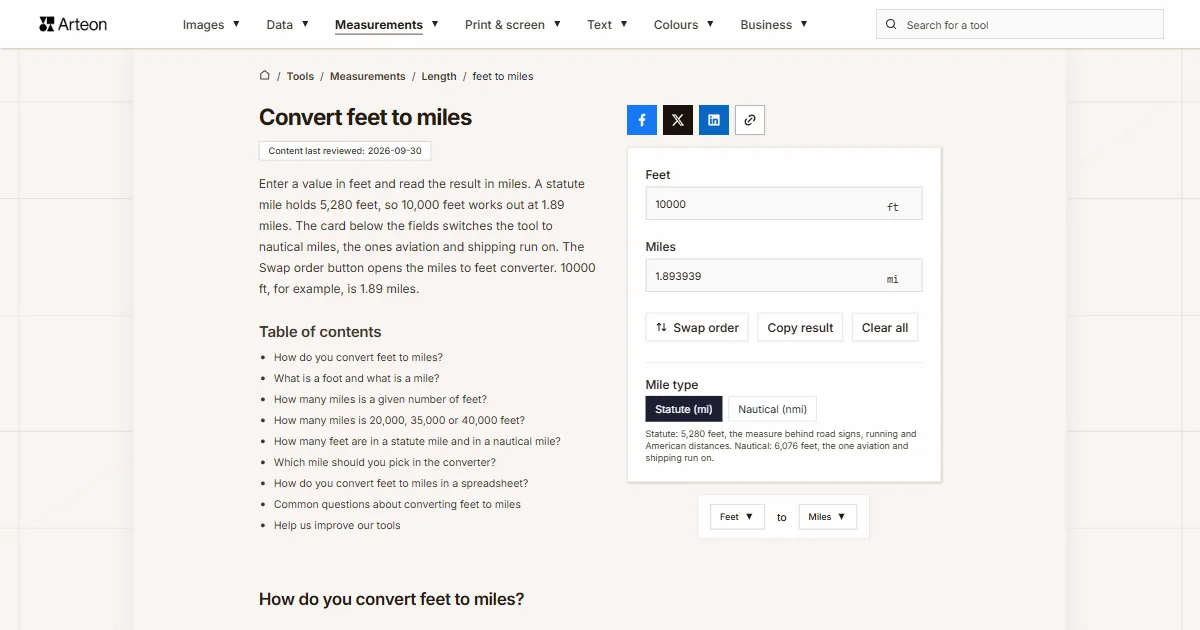 Arteon free tool screenshot: Convert feet to miles