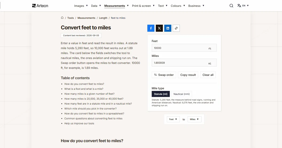 Arteon free tool screenshot: Convert feet to miles