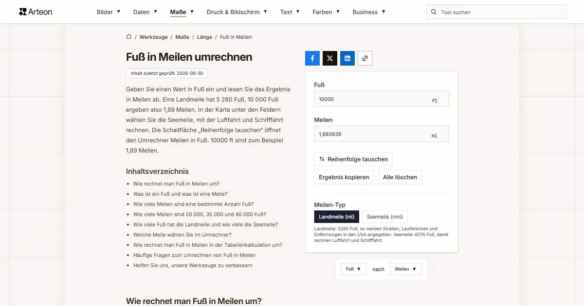 Screenshot des kostenlosen Arteon-Werkzeugs: Fuß in Meilen umrechnen
