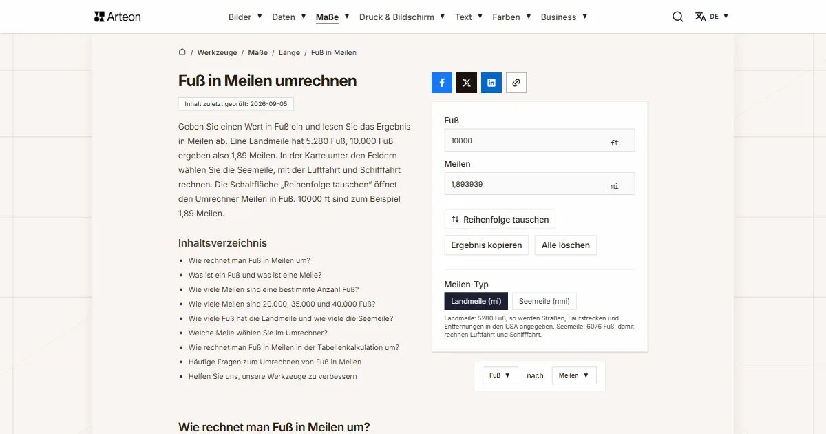 Screenshot des kostenlosen Arteon-Werkzeugs: Fuß in Meilen umrechnen