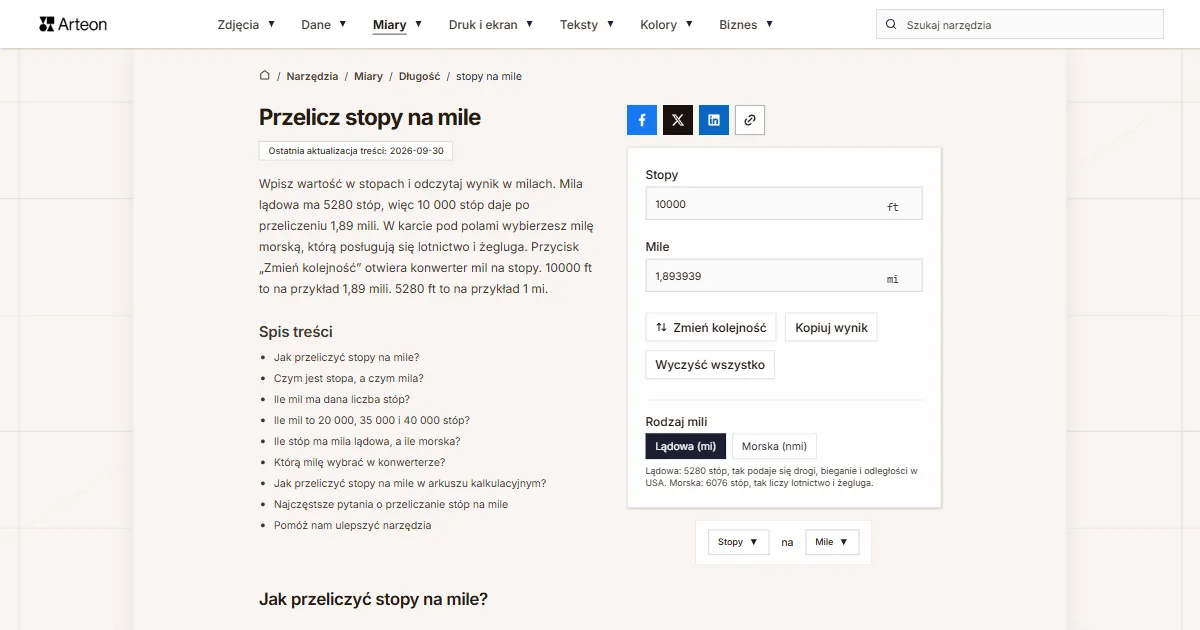 Zrzut ekranu darmowego narzędzia Arteon: Przelicz stopy na mile