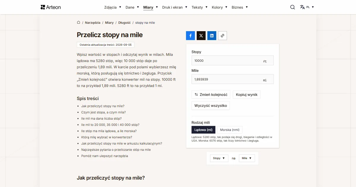 Zrzut ekranu darmowego narzędzia Arteon: Przelicz stopy na mile