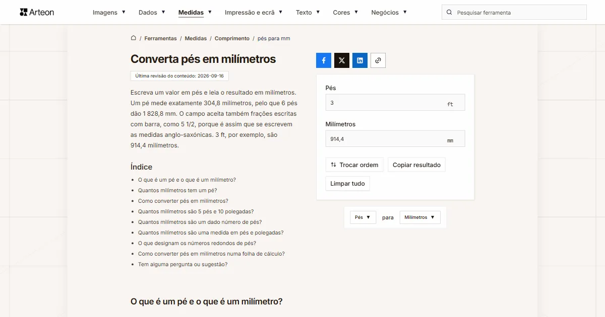 Captura de ecrã da ferramenta gratuita da Arteon: Converta pés em milímetros
