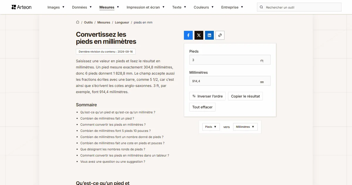 Capture d'écran de l'outil gratuit d'Arteon: Convertissez les pieds en millimètres
