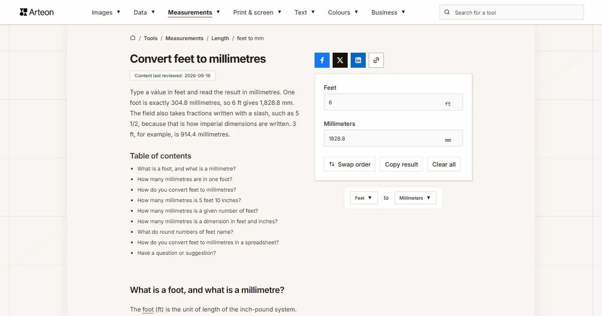 Arteon free tool screenshot: Convert feet to millimetres