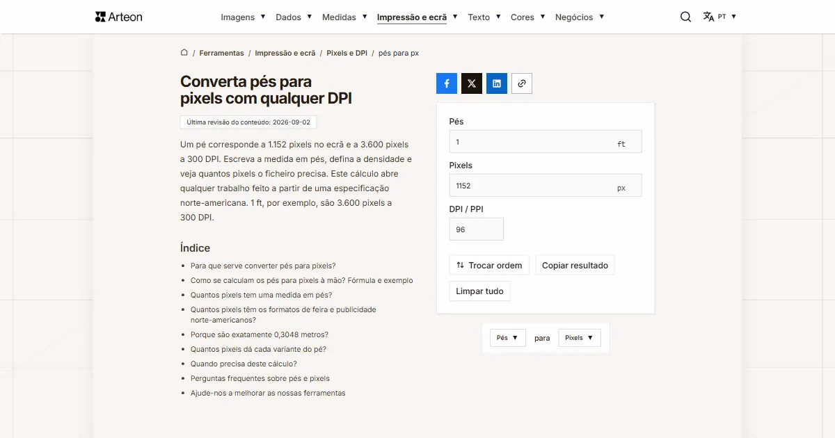 Captura de ecrã da ferramenta gratuita da Arteon: Converta pés para pixels com qualquer DPI