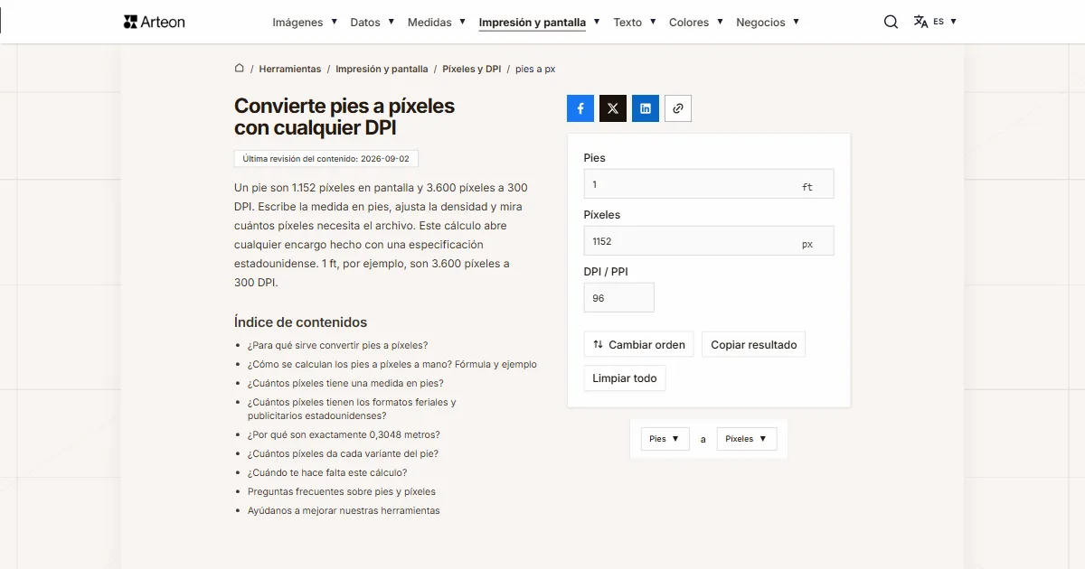 Captura de pantalla de la herramienta gratuita de Arteon: Convierte pies a píxeles con cualquier DPI