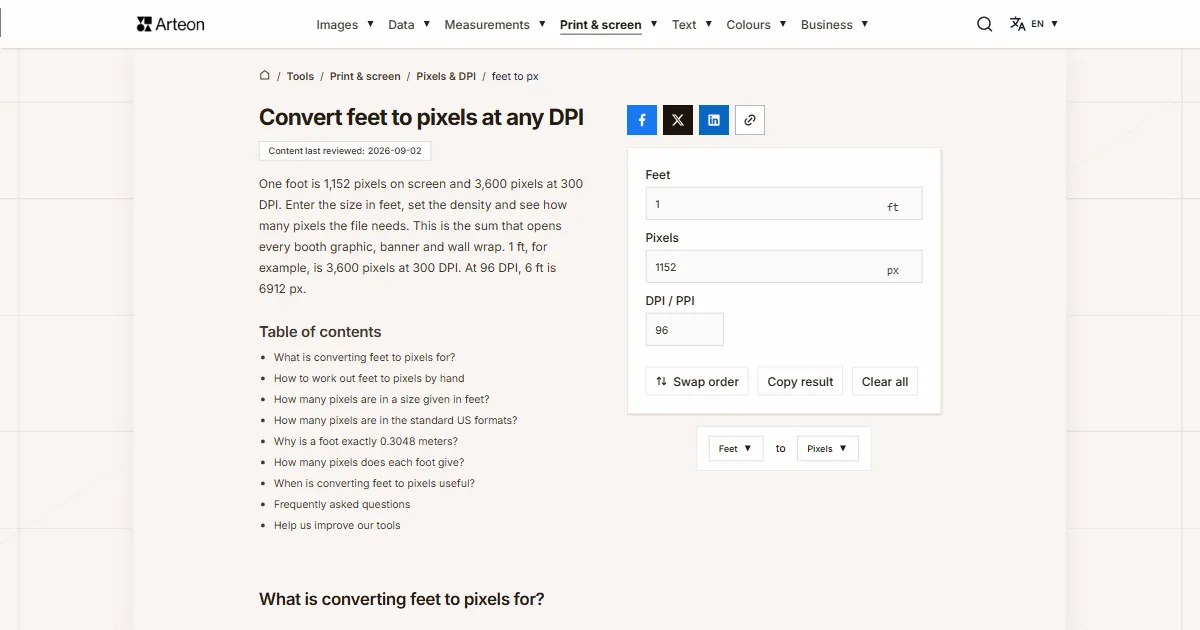 Arteon free tool screenshot: Convert feet to pixels at any DPI