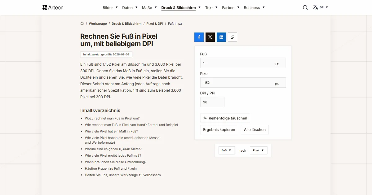 Screenshot des kostenlosen Arteon-Werkzeugs: Rechnen Sie Fuß in Pixel um, mit beliebigem DPI