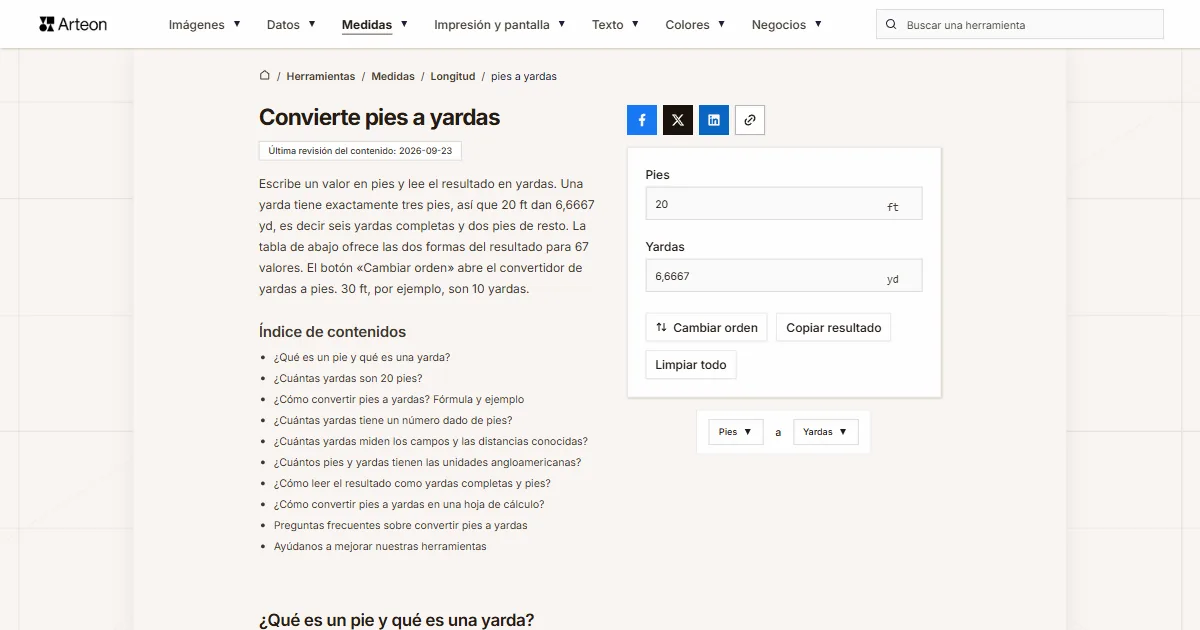 Captura de pantalla de la herramienta gratuita de Arteon: Convierte pies a yardas