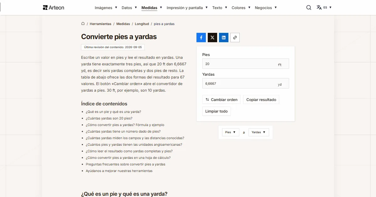 Captura de pantalla de la herramienta gratuita de Arteon: Convierte pies a yardas