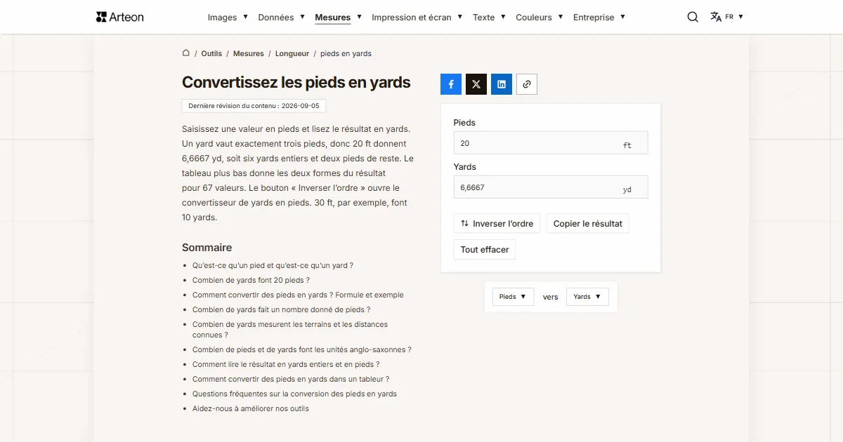 Capture d'écran de l'outil gratuit d'Arteon: Convertissez les pieds en yards