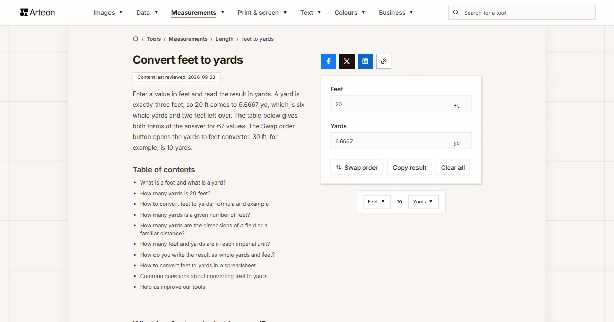 Arteon free tool screenshot: Convert feet to yards