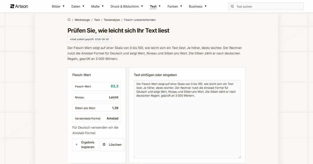 Screenshot des kostenlosen Arteon-Werkzeugs: Prüfen Sie, wie leicht sich Ihr Text liest