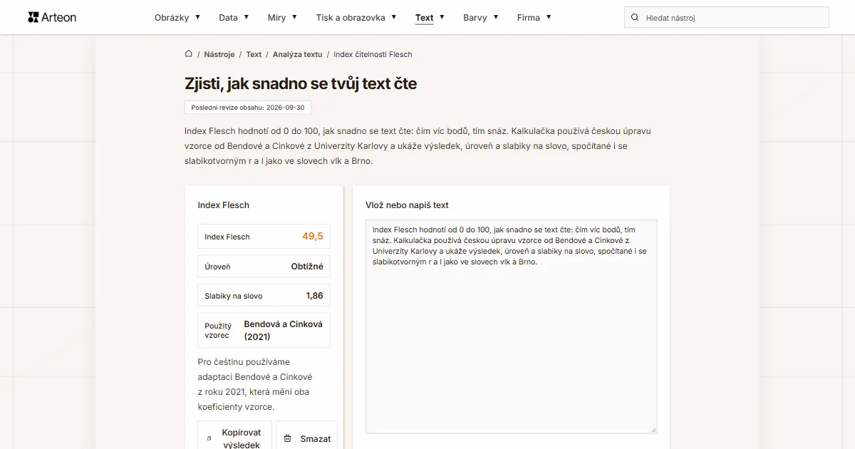 Snímek obrazovky bezplatného nástroje Arteon: Zjisti, jak snadno se tvůj text čte