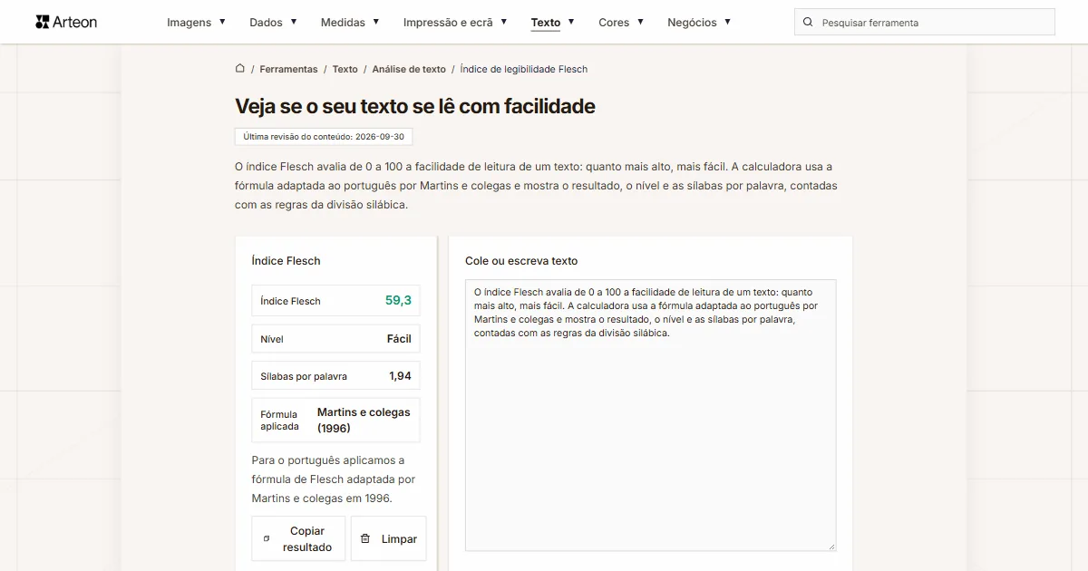 Captura de ecrã da ferramenta gratuita da Arteon: Veja se o seu texto se lê com facilidade