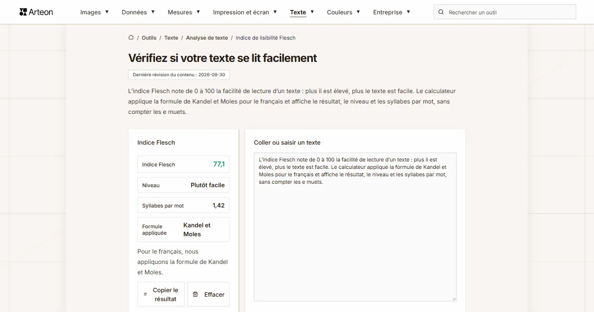 Capture d'écran de l'outil gratuit d'Arteon: Vérifiez si votre texte se lit facilement