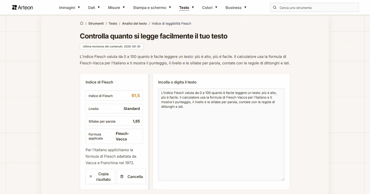 Screenshot dello strumento gratuito Arteon: Controlla quanto si legge facilmente il tuo testo