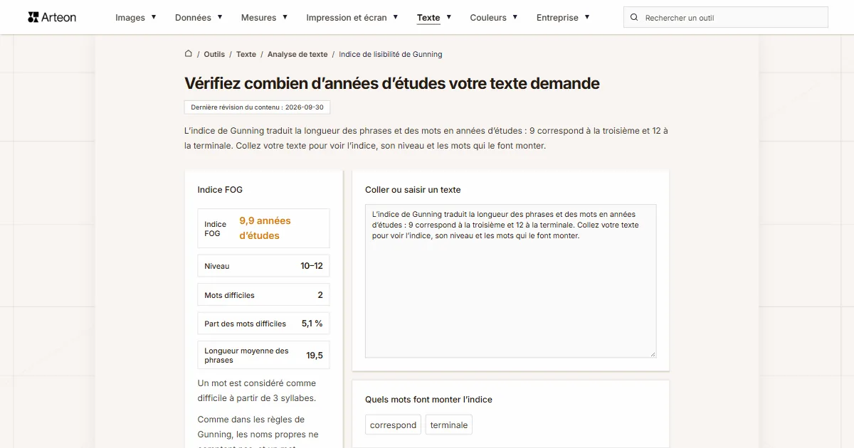 Capture d'écran de l'outil gratuit d'Arteon: Vérifiez combien d’années d’études votre texte demande
