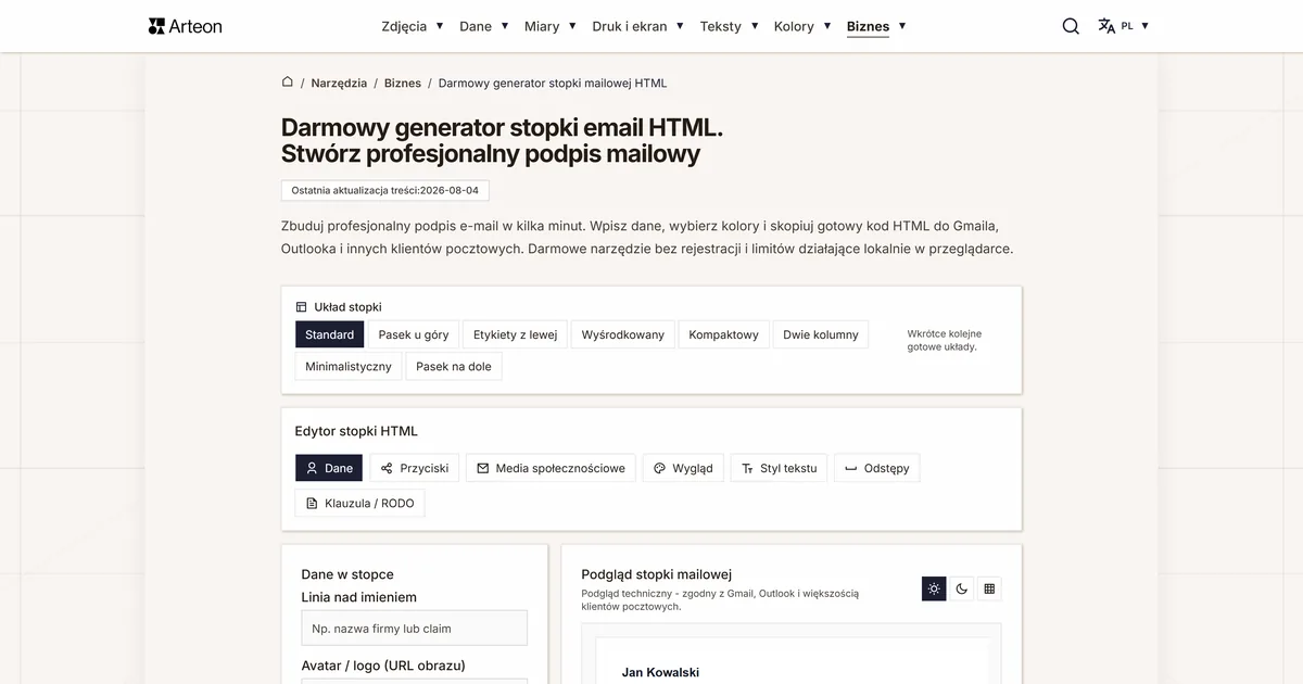Zrzut ekranu darmowego narzędzia Arteon: Darmowy generator stopki email HTML. Stwórz profesjonalny podpis mailowy