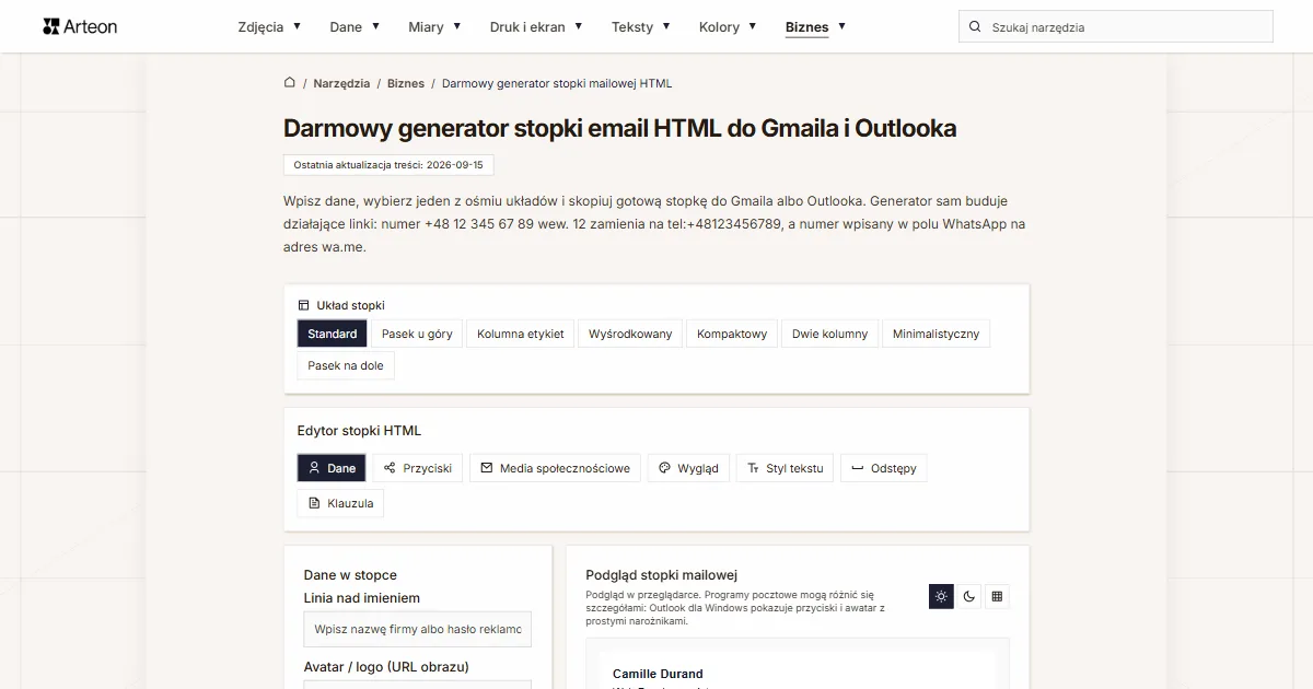Zrzut ekranu darmowego narzędzia Arteon: Darmowy generator stopki email HTML do Gmaila i Outlooka