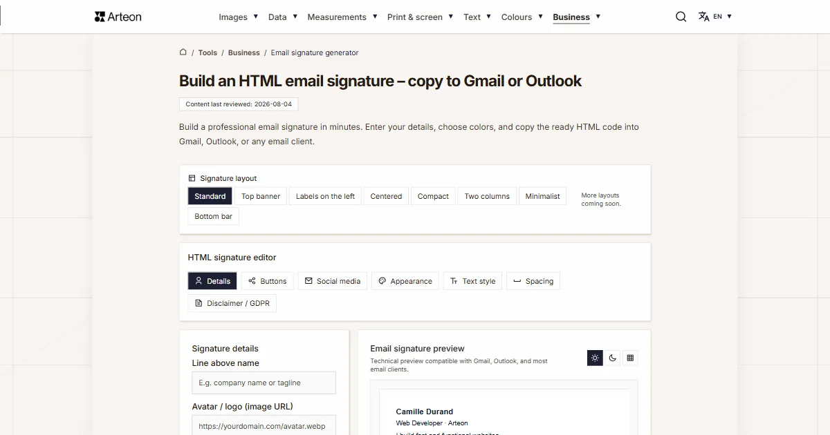 Arteon free tool screenshot: Build an HTML email signature – copy to Gmail or Outlook