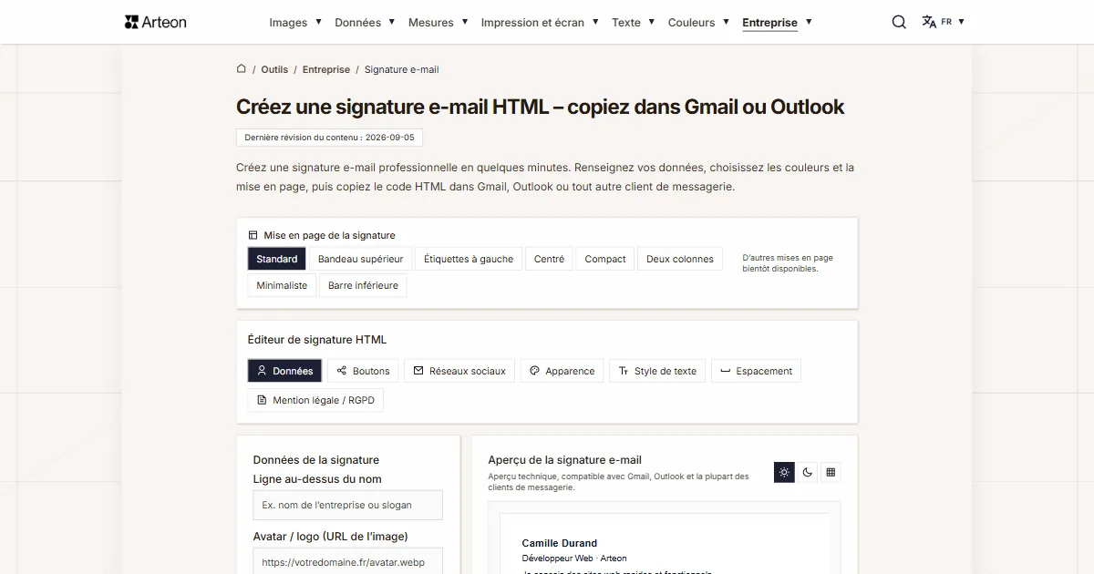 Capture d'écran de l'outil gratuit d'Arteon: Créez une signature e-mail HTML – copiez dans Gmail ou Outlook