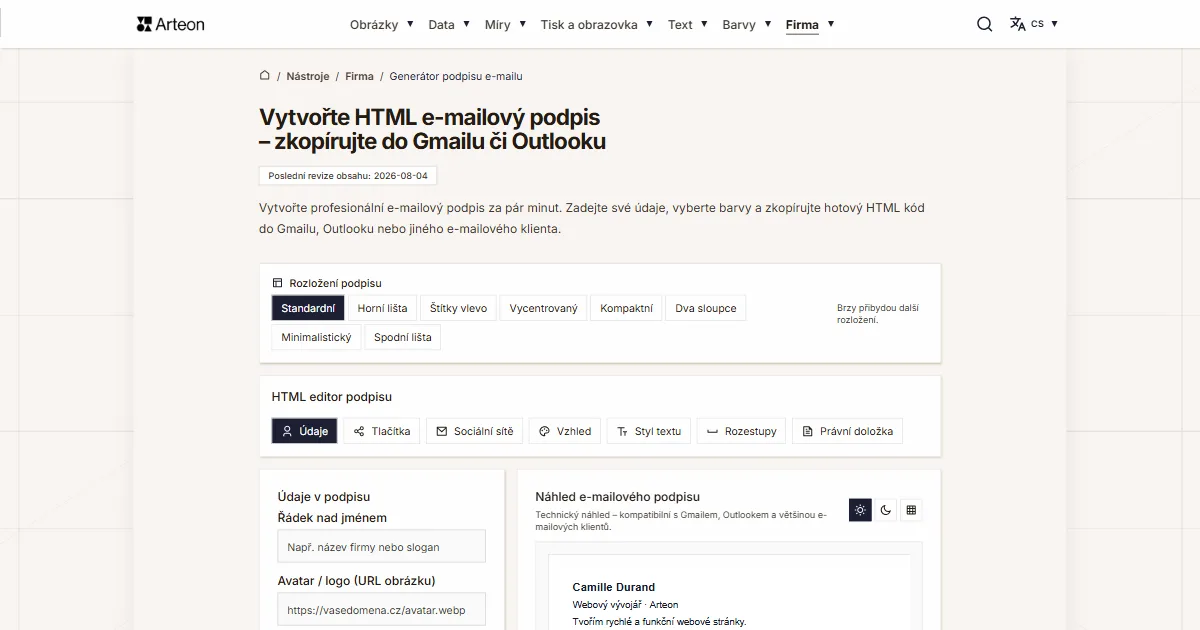 Snímek obrazovky bezplatného nástroje Arteon: Vytvořte HTML e-mailový podpis – zkopírujte do Gmailu či Outlooku