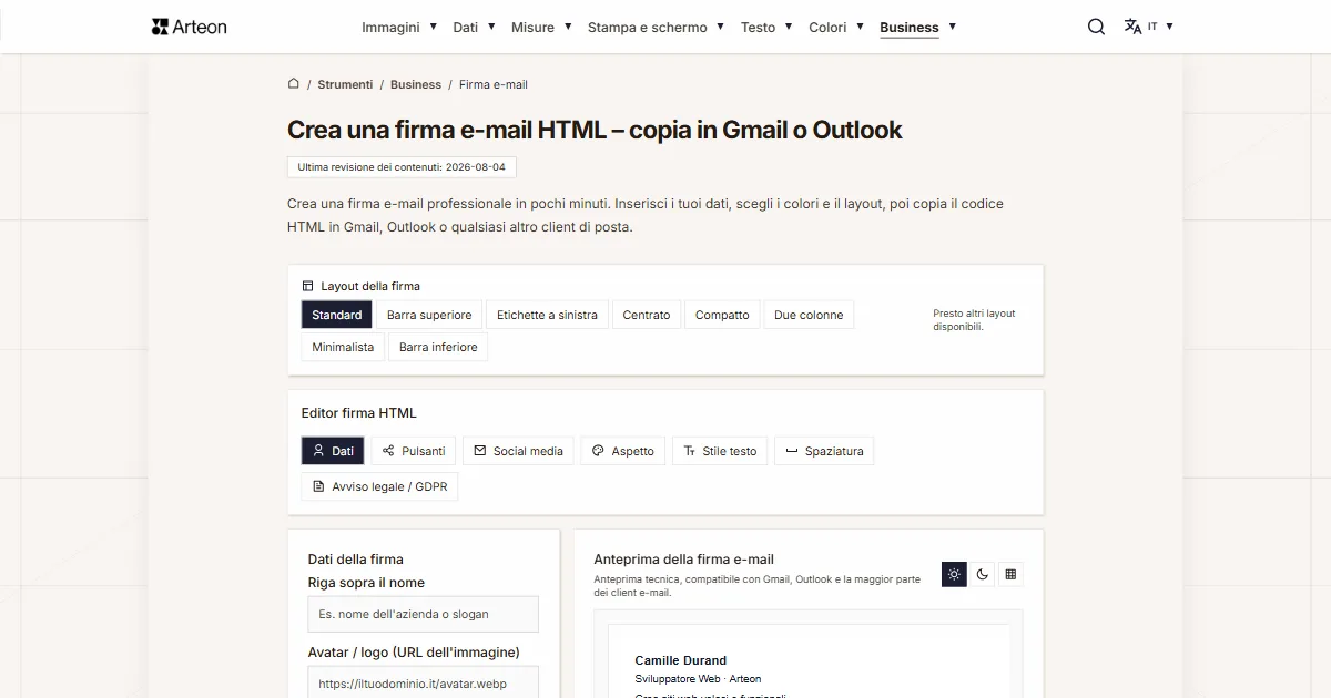 Screenshot dello strumento gratuito Arteon: Crea una firma e-mail HTML – copia in Gmail o Outlook