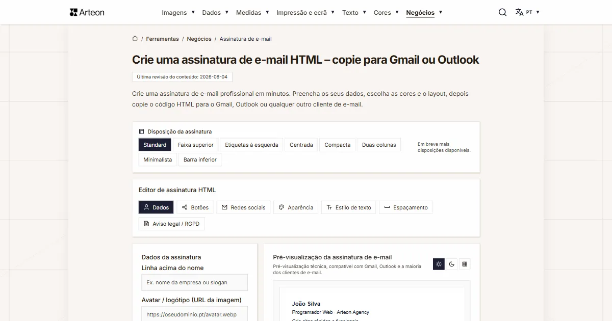 Captura de ecrã da ferramenta gratuita da Arteon: Crie uma assinatura de e-mail HTML – copie para Gmail ou Outlook
