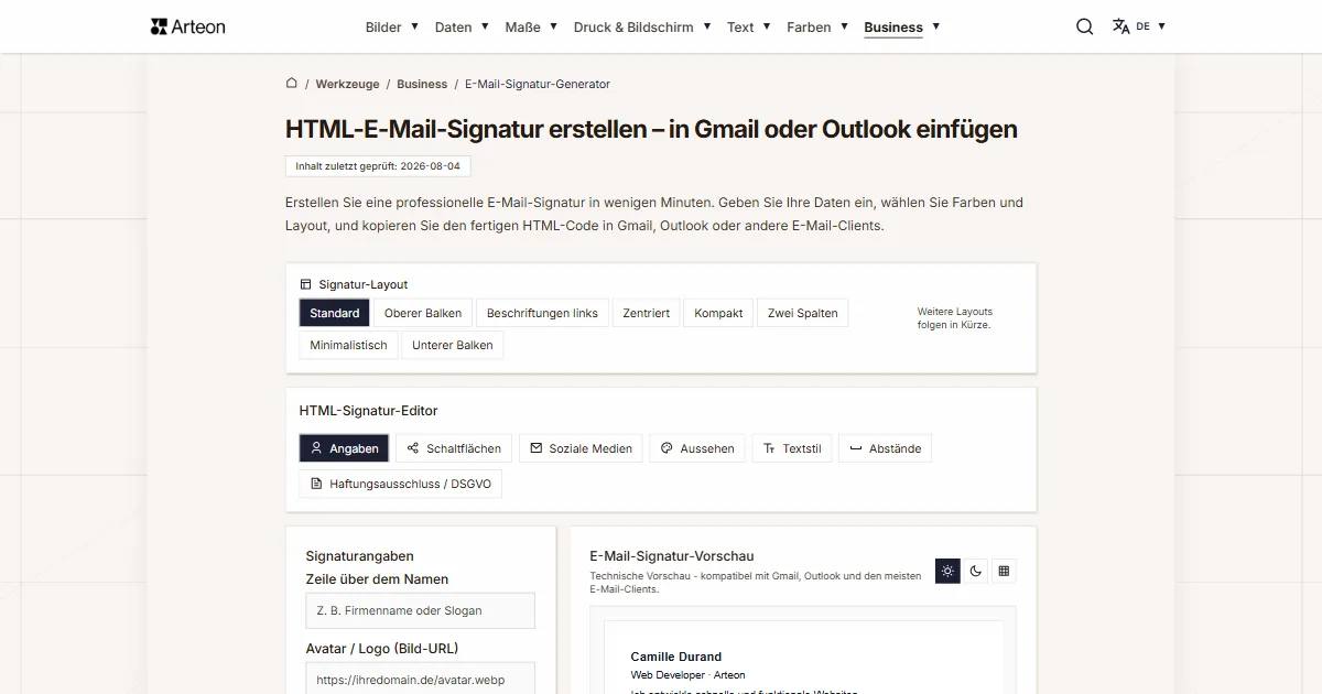 Screenshot des kostenlosen Arteon-Werkzeugs: E-Mail-Signatur-Generator