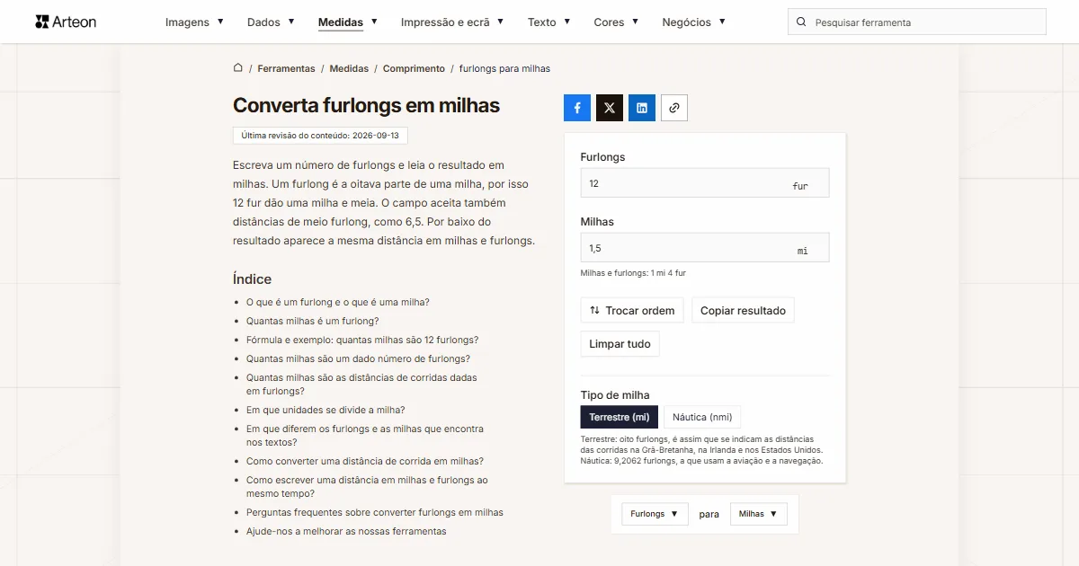 Captura de ecrã da ferramenta gratuita da Arteon: Converta furlongs em milhas