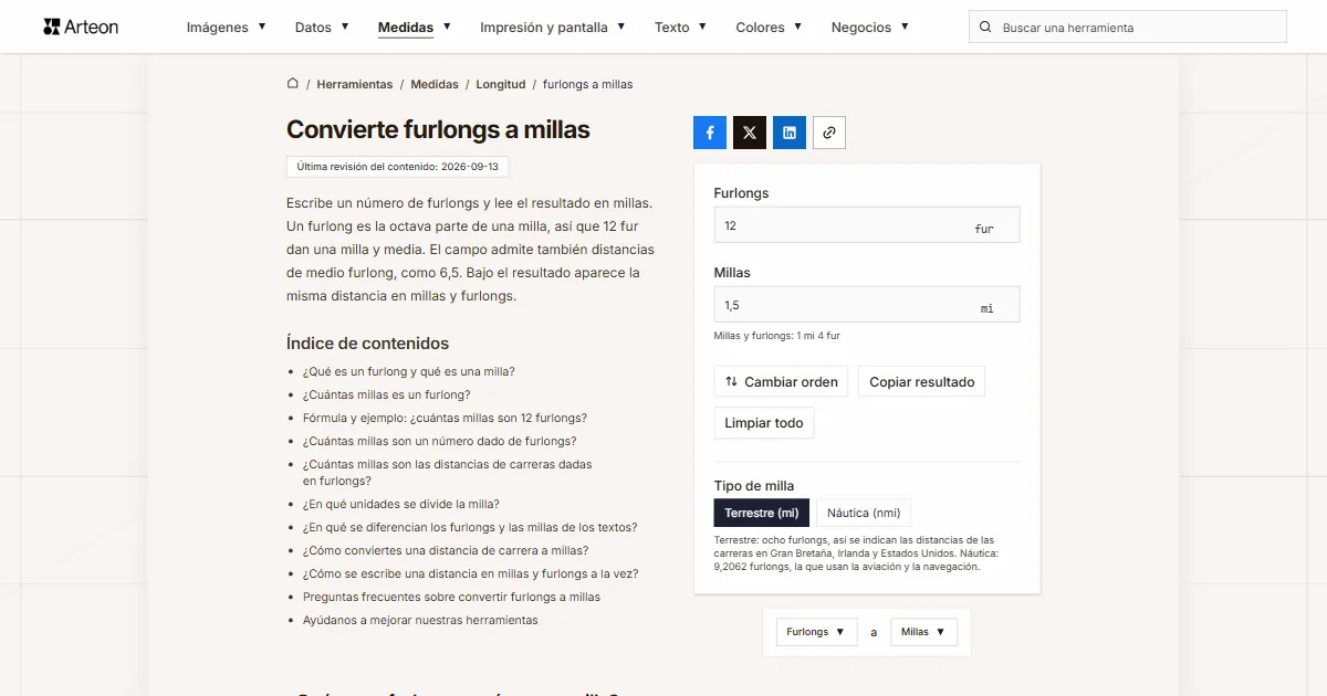 Captura de pantalla de la herramienta gratuita de Arteon: Convierte furlongs a millas
