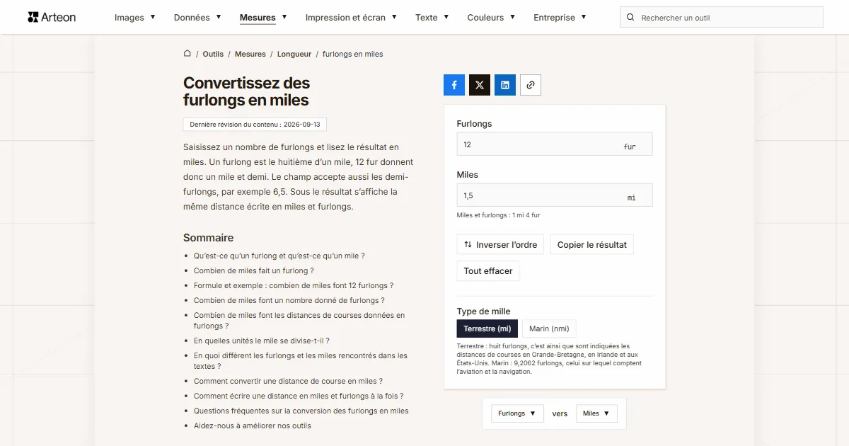 Capture d'écran de l'outil gratuit d'Arteon: Convertissez des furlongs en miles