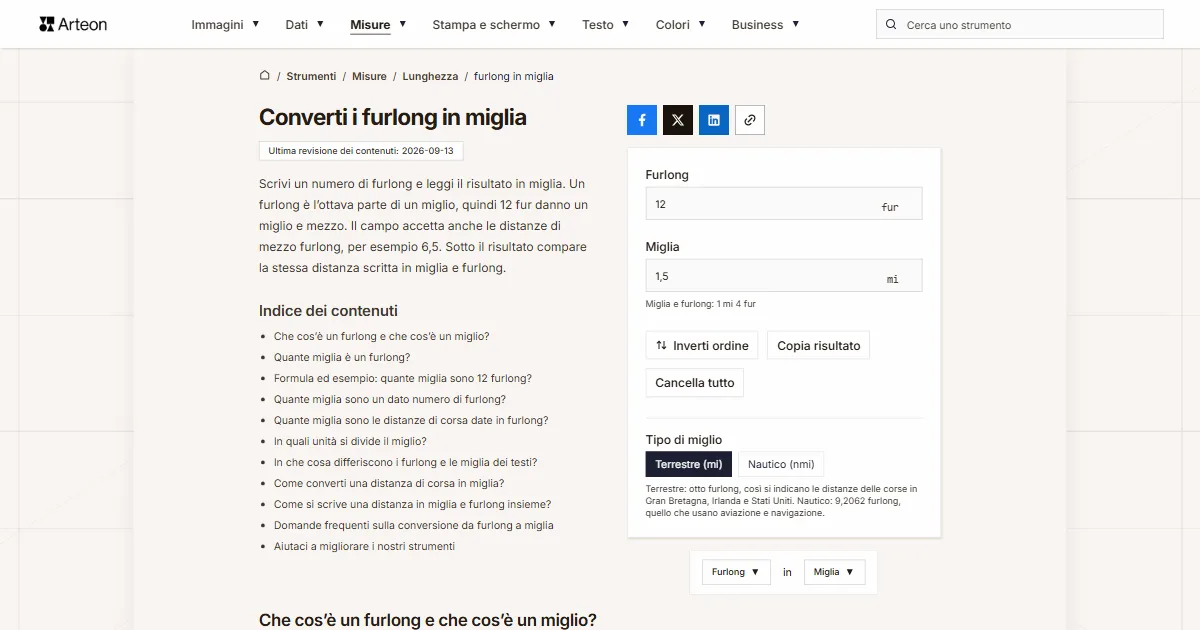 Screenshot dello strumento gratuito Arteon: Converti i furlong in miglia